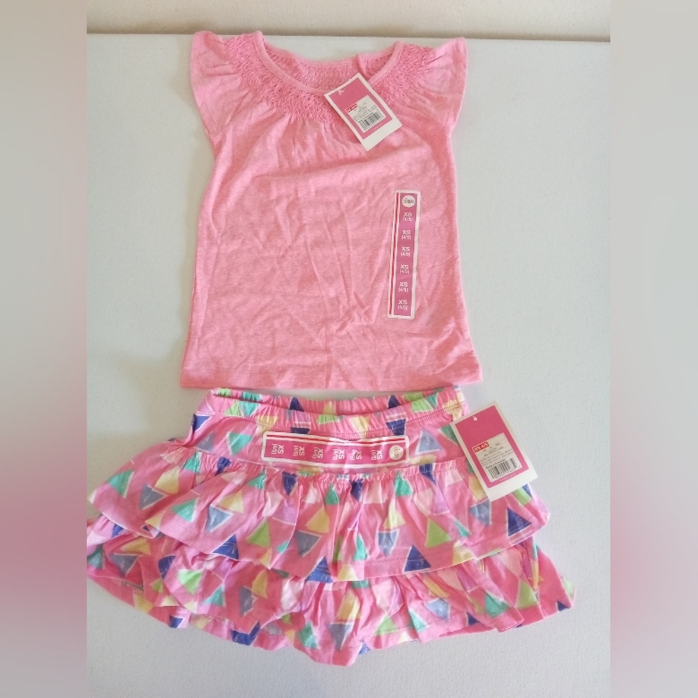 NWT Girls Set Ruffled Skort Cap-Sleeve T-Shirt Pink Privacy Skirt Cute Spring